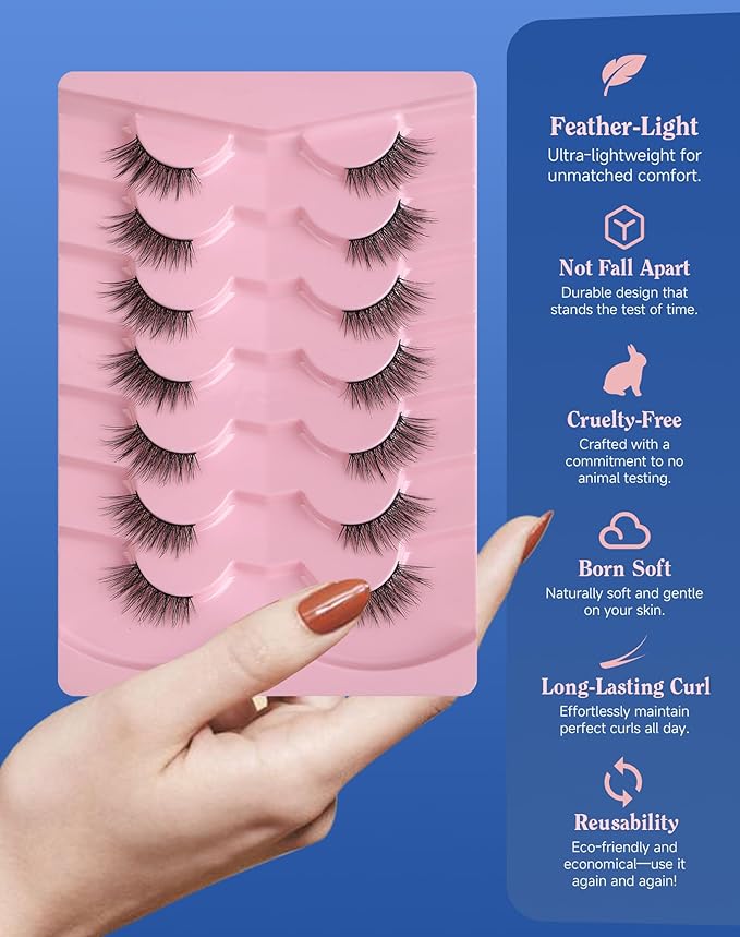 Half Lashes Natural Eyelashes Wispy Lashes Natural Look Cat Eyelashes False Corner Lash Soft Fluffy 3/4 False Eyelash 7 Pairs 14MM D19-VivaGrace Women