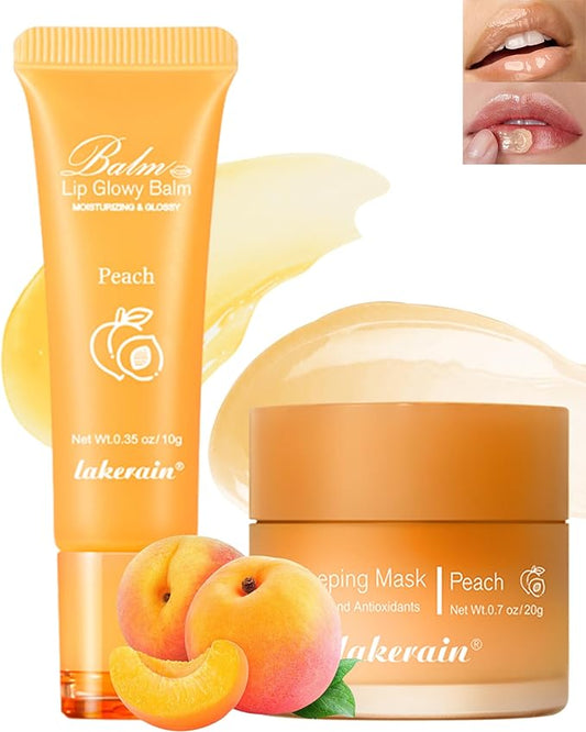 2Pcs Lip Glowy Balm & Lip Sleeping Mask Set,Hydrating Nourishing Repair Sleeping Lip Mask,Glossy Tinted Lip Balm,Day & Night Smooth Cracked Chapped Dry Lip,Lip Care Therapy Treatment for Women-01Peach-VivaGrace Women