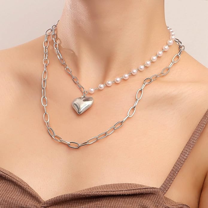 Boho Layered Pearl Choker Necklace Chain Vintage Gold Heart Pendant Cuban Chain Necklace Rock Statement Pearl Heart Necklace Asymmetrical Pearl Strand Necklace Jewelry for Women and Girls-VivaGrace Women