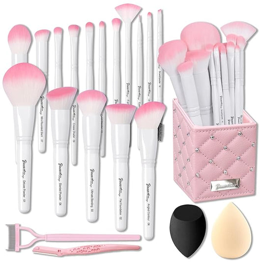 Bueart Design 16Pcs ULTRA SOFT labeled Makeup Brushes set with brush Holder face brush for Foundation Powder Blending Blush wooden Handle(16Pcs White+Pink Holder)-VivaGrace Women