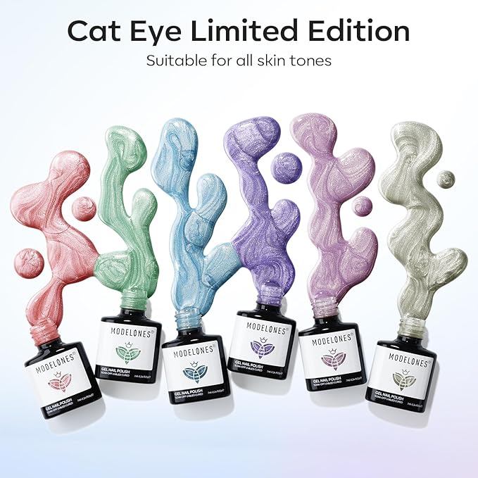 modelones Cat Eye Gel Nail Polish 6 Colors Red Green Silver Purple Blue Glitter Cat Eye Gel Polish Holographic 9D Semi-transparent With Magnet Soak Off Led Nail Art DIY Salon Gifts For Women Girl-VivaGrace Women