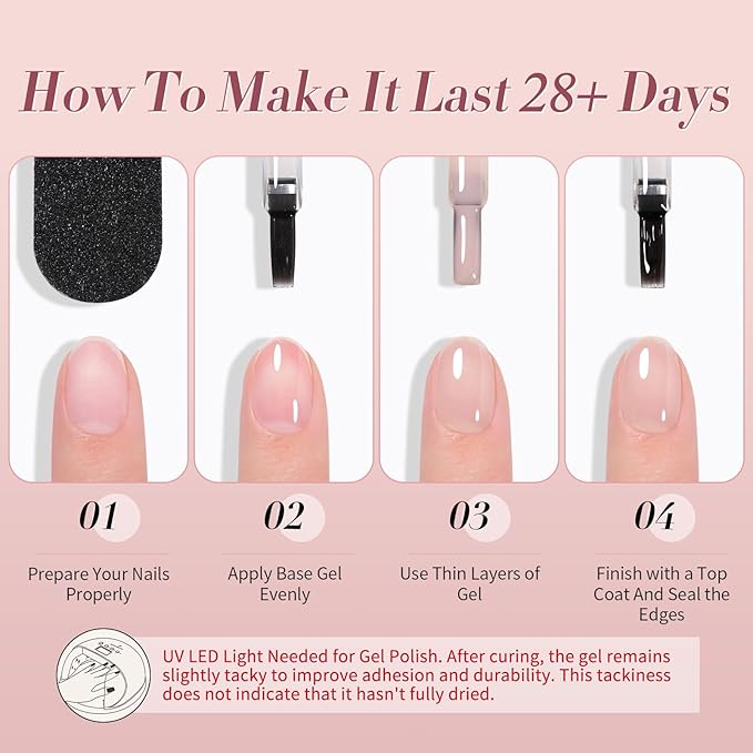 Born Pretty Milky White Jelly Nude Pink Gel Nail Polish Translucent Natural Sheer Pink Soak Off U v Light Cure Gel Polish Kit for Salon and Nail Art DIY at Home 6Colors-VivaGrace Women