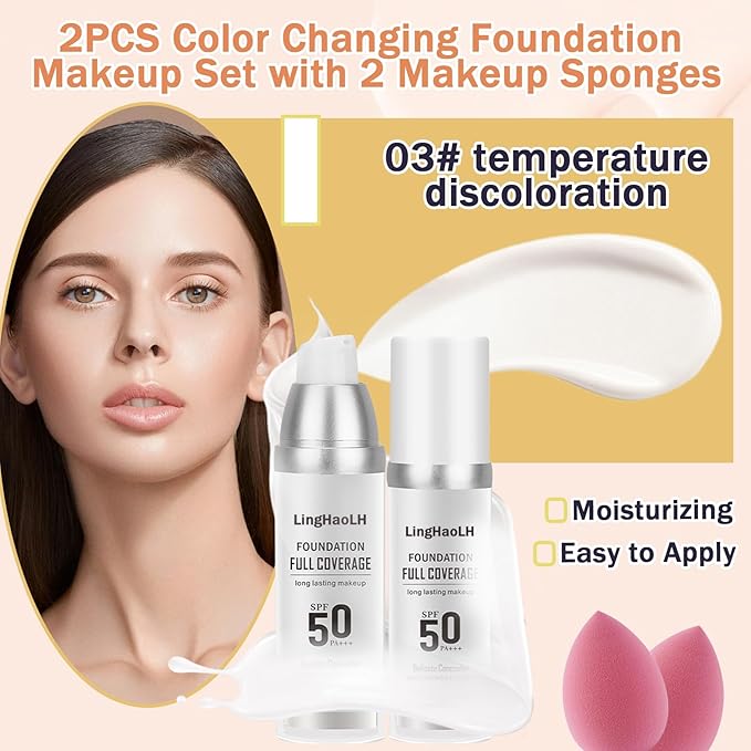 2PCS Color Changing Foundation Makeup Set with 2 Makeup Sponges,Moisturizing Full Coverage Liquid Foundation for Women,Non-greasy Long Lasting Flawless Concealer Cream Makeup Foundation Set-VivaGrace Women