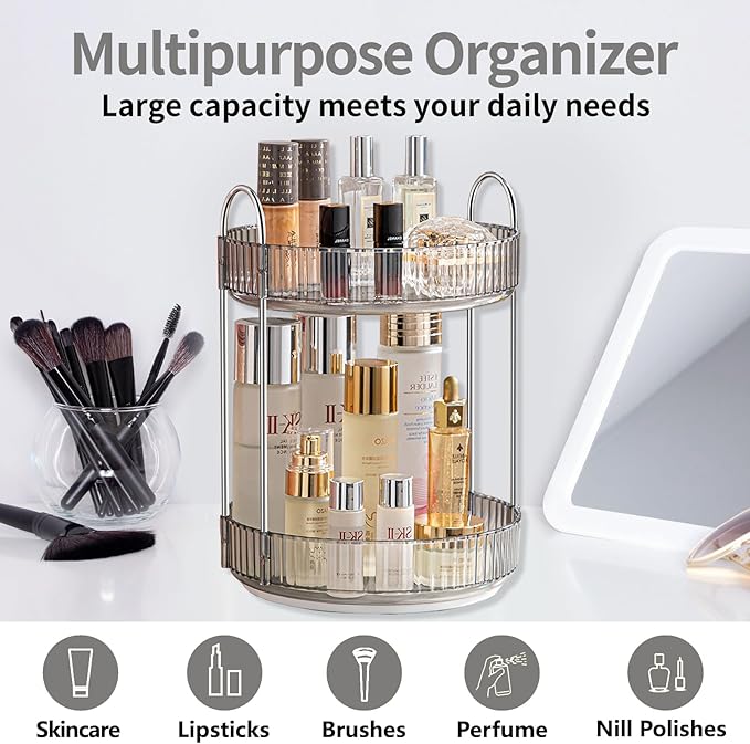360 Rotating Makeup Organizer for Vanity,Bathroom Countertop Organizer,Spinning Perfume Organizer&Vanity Organizer(Grey-2 Tier)-VivaGrace Women