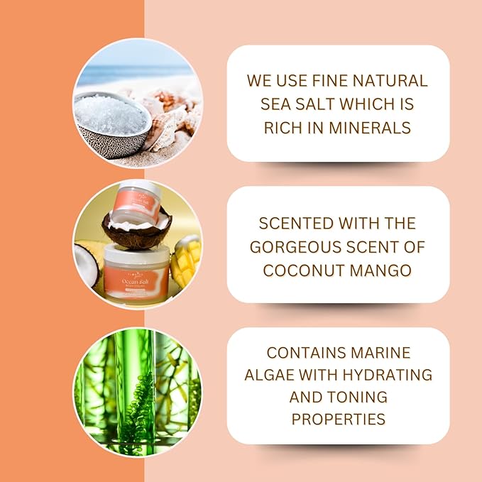 Sea Salt Body Scrub by Florida Suncare - Ocean Salt Body Polish Infused with Marine Algae - Exfoliating Face and Body Scrub - Facial Scrub Exfoliator to Tackle Acne (Coconut Mango, 12.1 oz)-VivaGrace Women