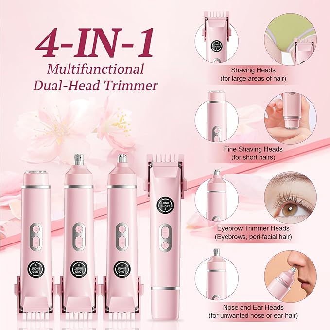 Bikini Trimmer for Women, 4 in 1 Wet/Dry Electric Razors for Women - Dual Head, Painless Rechargeable Portable Womens Razors for Shaving Set for Face, Nose, Eyebrows, Armpits, Bikini Area (Pink)-VivaGrace Women