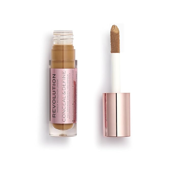 Makeup Revolution Conceal & Define Concealer, Full Coverage Makeup Concealer, Matte Finish & Long Wear, For Dark or Deep Skin Tones, Vegan, C14.5, 4ml-VivaGrace Women