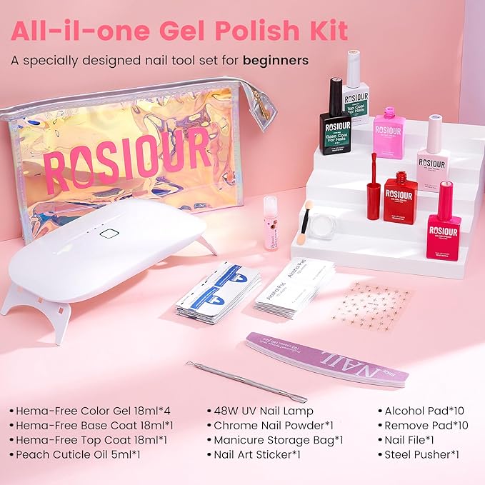 Gel Nail Polish Kit with U V Light, Hema-Free Bright Red Light Baby Pink Violet Pink Summer Gel Polish Set with Base & Top Coat Chrome Nail Powder, 4 Colors Mini Salon Nail Art Starter Gift for Women-VivaGrace Women