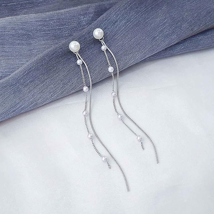 Vintage Pearl Dangle Earrings Long Pearl Chain Earrings Silver Pearl Tassel Drop Earrings Tiny Pearl Bridal Earrings Jewelry for Women-VivaGrace Women