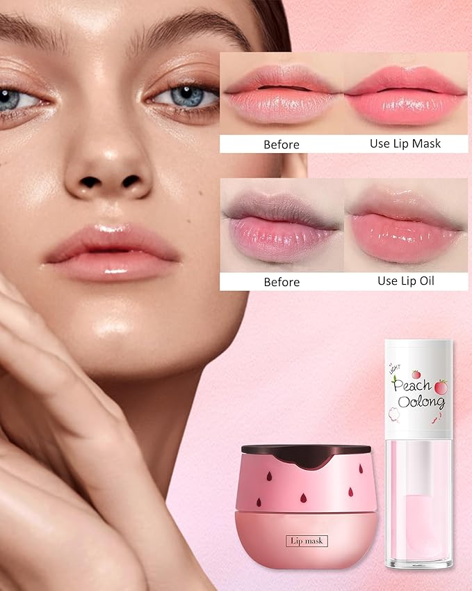 2PCS Strawberry Lip Balm Honey Pot Lip Mask & Hydrating Lip Glowy Oil Lip Care Set, Lip Moisturizing Treatment Nourishing Lip Gloss, Reduce Lip Line & Plump Dry Cracked Lip Scrub Exfoliator -Set B-VivaGrace Women