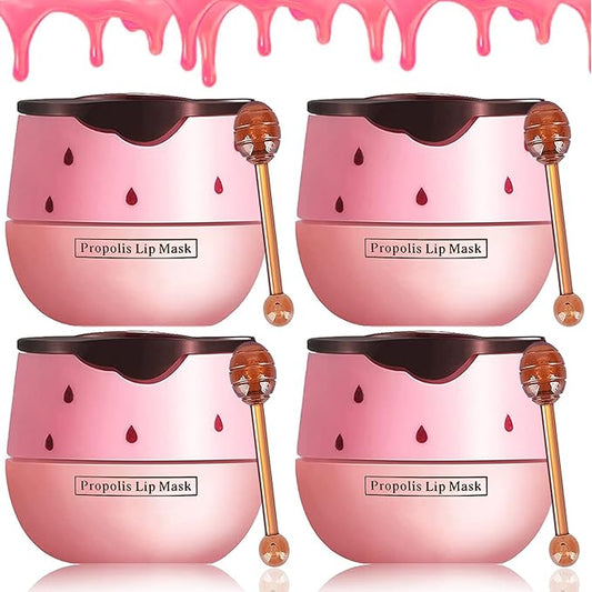 4 Pack Strawberry Lip Mask Bee Lip Balm Strawberry Pot Propolis Moisturizing Hydrating Lip Sleeping Mask Prevention Dry and Cracked Lip Scrubs Exfoliator (4-Strawberry)-VivaGrace Women