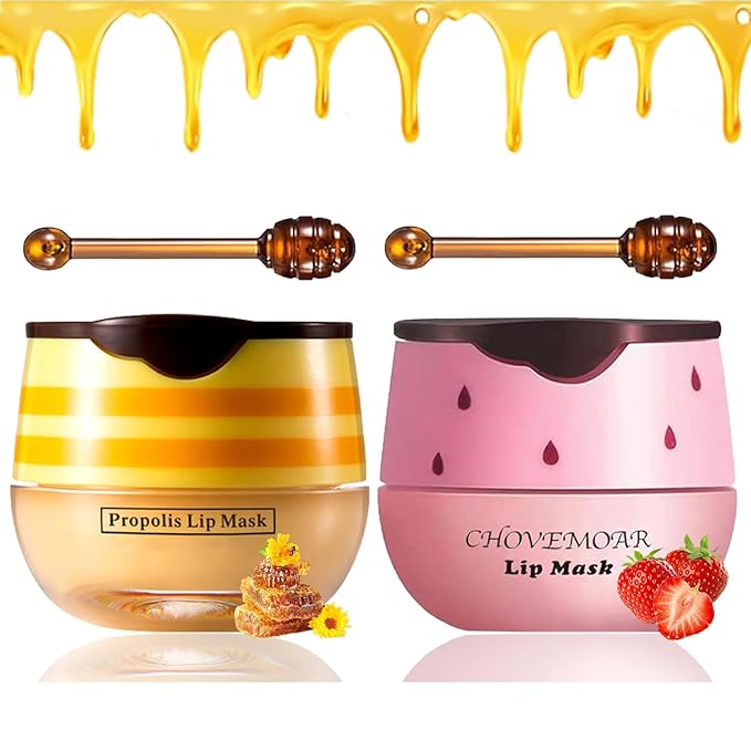 2 PCS Bee Lip Balm Honey Pot, Honey & Strawberry Lip Mask Vitamin E & Moisturizing Propolis Sleeping Lip Mask Prevention Dry and Cracked Lip Scrubs Exfoliator, Christmas Gifts-VivaGrace Women