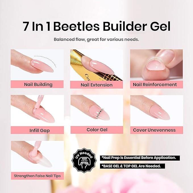 Beetles Builder Gel for Nails, 7 in 1 Pink Building Nail Gel Baby Pink Color Shy Blush Strengthener Gel for Nails Builder Apex & Extension Beauty Gift Sets for Women-VivaGrace Women