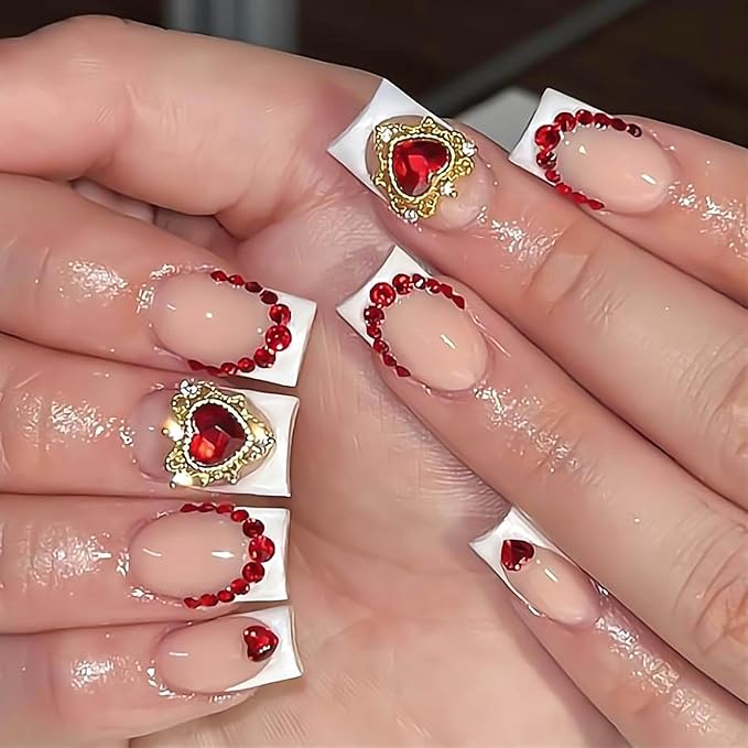 Coffin Press on Nails White French Tip Glue on Nails Short Fake Nails Thick False Nails with Red Heart Rhinestones Designs Glossy Artificial Nails Natural Stick on Nails for Women 24Pcs