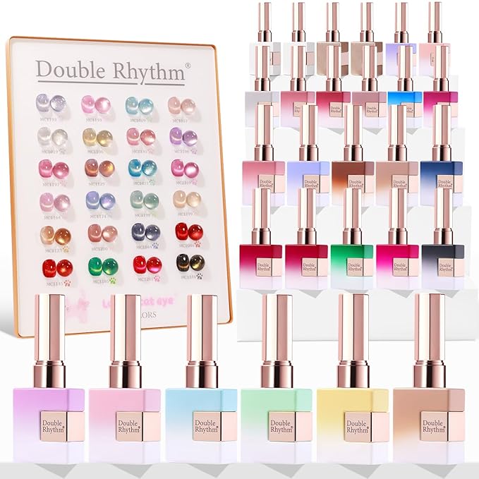 Double Rhythm 28Pcs 0.5Oz Cat Eye Gel Nail Polish Set Same Color Same Bottle Soak Off Magnetic Gel Polish Kit Nail Art Manicure Salon DIY at Home (Silver Gold Red Black-T24-7)-VivaGrace Women