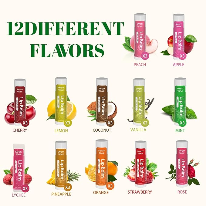 36 Pack Natural Lip Balm Bulk with Vitamin E and Coconut Oil - Moisturizing, Soothing, and Repairing Dry and Chapped Lips - 12 Flavors - Non-GMO-VivaGrace Women
