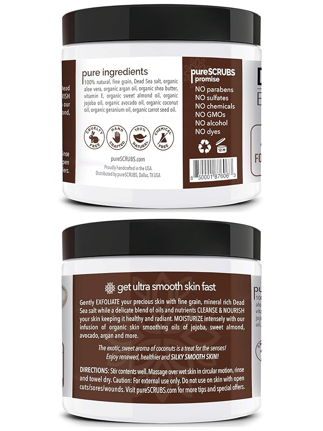pureSCRUBS Premium Coconut Body Scrub Set - Large 16oz Dead Sea Salt Body Scrub With Infused Essential Oils & Nutrients, Includes Wooden Spoon, Loofah & Oatmeal Exfoliating Bar Soap-VivaGrace Women