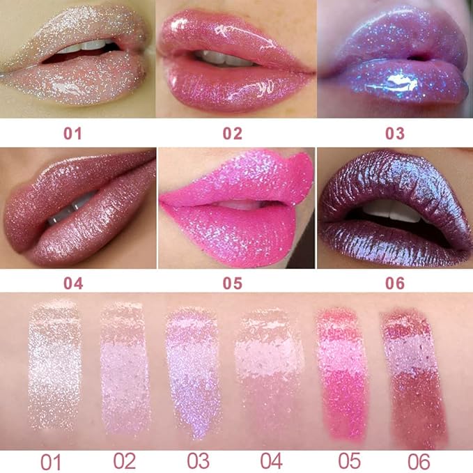 evpct 6Pcs Holographic Shimmer Lip Gloss Liquid Lipstick Set Makeup, Pink Red Metallic Lipstick Long Lasting Waterproof, Diamond Shinning Sparkly Sparkle Lipstick Face Eye Moisturizing High Gloss Glow-VivaGrace Women