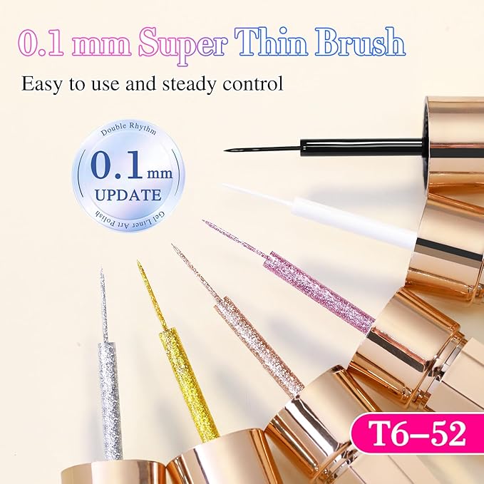 Double Rhythm 6 Pcs 15 ML Gel Liner Polish Nail Art Set Chrome Metallic Glitter Soak Off Gel Polish Kit Nail Art Manicure Salon DIY at Home for Women (Gold Silver Black White-T6-52)-VivaGrace Women