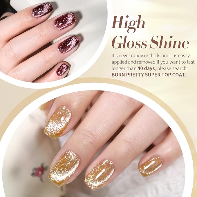 Born Pretty Cat Magnetic Eye Gel Nail Polish Reflective Glitter Gel Polish Red Silver Champagne Gold Glitter Gel Nail Polish 6PCS Set-VivaGrace Women