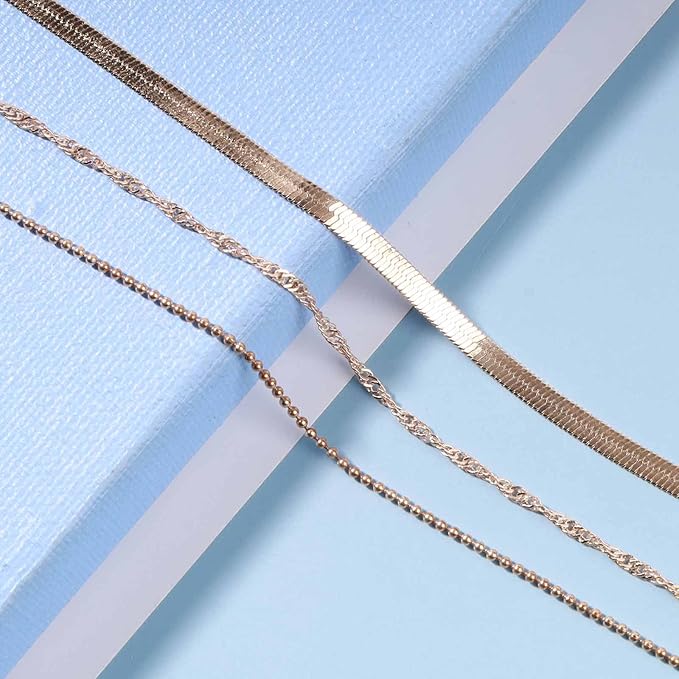 Punk Layered Chain Necklace Gold Flat Snake Chain Necklace Choker Vintage Herringbone Necklace Stacking Chunky Necklace Chain Jewelry for Women and Girls Gift-VivaGrace Women
