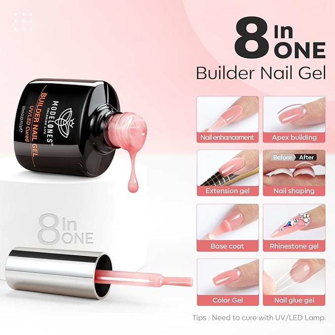 modelones Builder Nail Gel with Nail Dehydrator and Primer, 3Pcs Rose Nude Pink LED Gel Builder Polish Base Coat Acid Free Prep Dehydrate & Bond Primer for Thickening Apex Building 10ml Home DIY Salon-VivaGrace Women