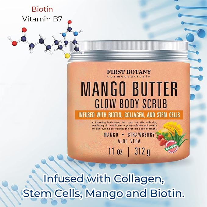 Mango Butter Body Scrub Exfoliator Biotin, Collagen, Stem Cells - Natural Exfoliating Salt Scrub & Body and Face Souffle helps with Moisturizing Skin, Acne, Cellulite, Dead Skin Scars, Wrinkles- 11 oz-VivaGrace Women