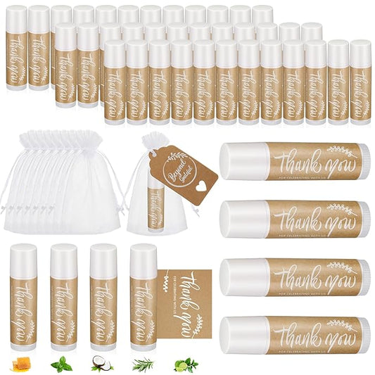 50 Set Thank You Lip Balm Bulk Small Natural Moisturizing Mini Lip Balm with Bag and Card for Baby Wedding Bridal Shower Thank You Favors-VivaGrace Women
