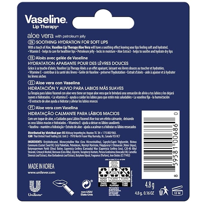 Vaseline Lip Therapy Aloe Fresh - Hydrating Lip Balm Pack, Vaseline Stick, Lip Moisturizer for Dry Lips, 0.16 Oz Each (Pack of 12)-VivaGrace Women