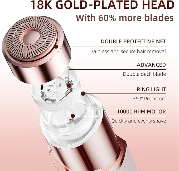 Facial Hair Removal for Women, Portable Lady Shaver, Rechargeable Painless Hair Remover for Face, Upper Lips, Chin, Peach Fuzz-VivaGrace Women