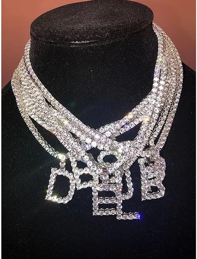 Silver Choker Necklace Rhinestones Shinning Letter M Fashion Letter A Sparkly Letter S Jewelry for Women Girls-VivaGrace Women