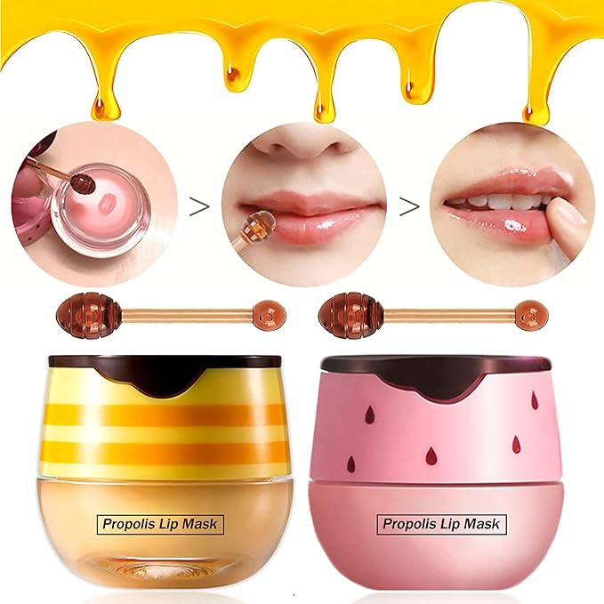 2 Pack Nourishing Lip Balm Honey Pot, Moisturizing Honey & Strawberry Propolis Lip Mask, Hydrating & Prevention Dry and Cracked Lip Scrubs Exfoliator Lip Sleeping Mask Reduces Lip Lines-VivaGrace Women