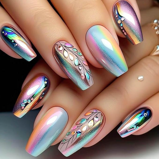 Coffin Press on Nails Medium Length Fake Nails Sparkly False Nails with Designs Colorful Artificial Nails Glossy Glue on Nails Cute Stick on Nails for Women 24Pcs