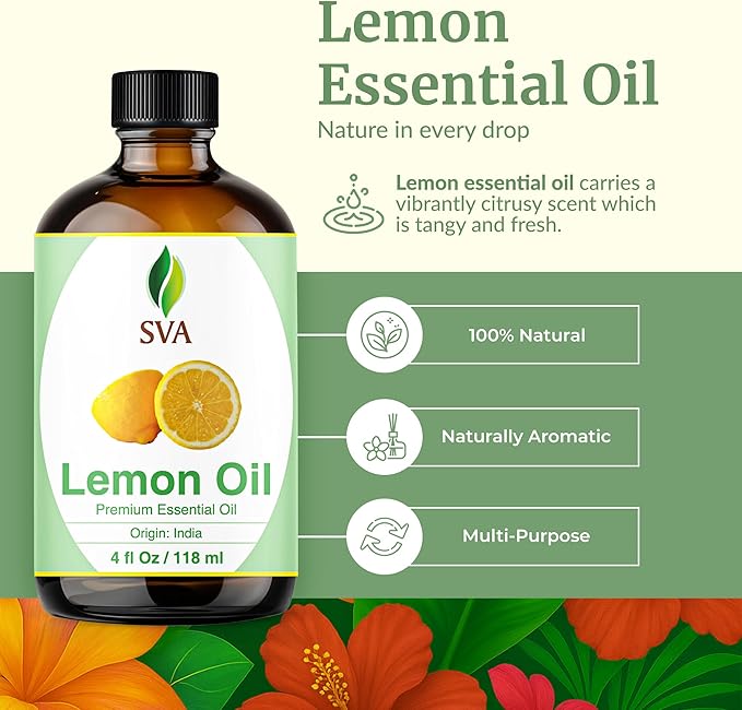 SVA Lemon Essential Oil – 4 Fl Oz – 100% Natural Lemon Oil - for Diffuser, Hair Care, Face, Skin Care, Aromatherapy, Scalp and Body Massage, Soap and Candle Making – with Dropper-VivaGrace Women