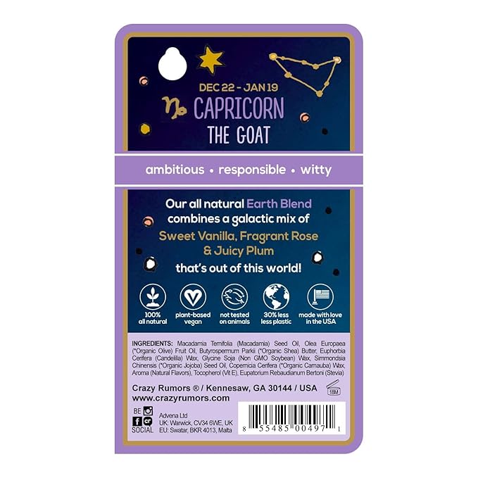 Crazy Rumors Capricorn Zodiac All Natural, Plant Based Lip Balm to Moisturize and Nourish your Lips - Earth Blend (Sweet Vanilla, Fragrant Rose and Plum)-VivaGrace Women