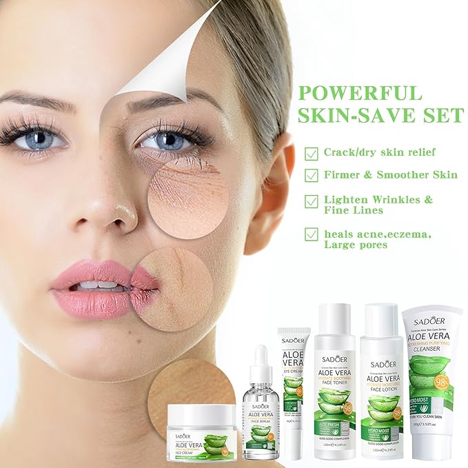 Aloe Vera Daily Skin Care Set Daily Moisturizing & Nourishing Fresh Aloe Essence Skin Care Set Vitamin Essence Six-piece Set For Valentine's Day And Festival Day-VivaGrace Women