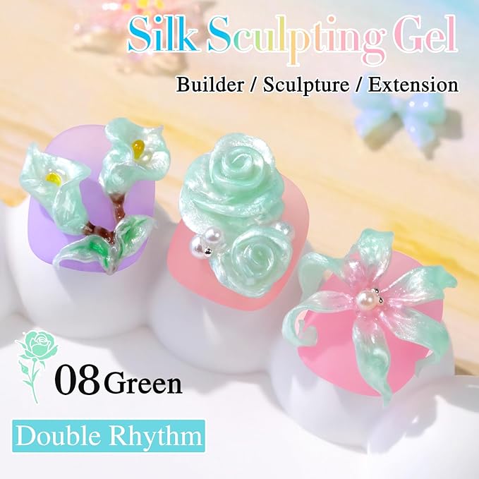Double Rhythm 3D Nail Gel Pearl Solid Sculpting for Nail Art Non-Sticky Hard for Building Carving Molding Extension Soak Off UV/LED Nail Art Salon Home DIY 0.5 Oz (Green-Silk 08)-VivaGrace Women