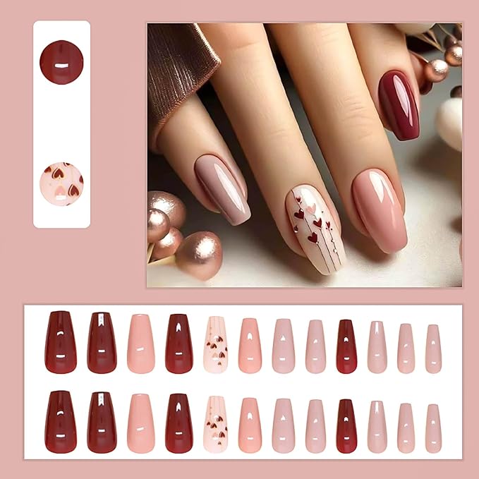 Coffin Press on Nails Medium Fake Nails Red Brown False Nails with Heart Designs Holiday Nail Press ons Glossy Artificial Nails Natural Stick on Nails for Women 24Pcs