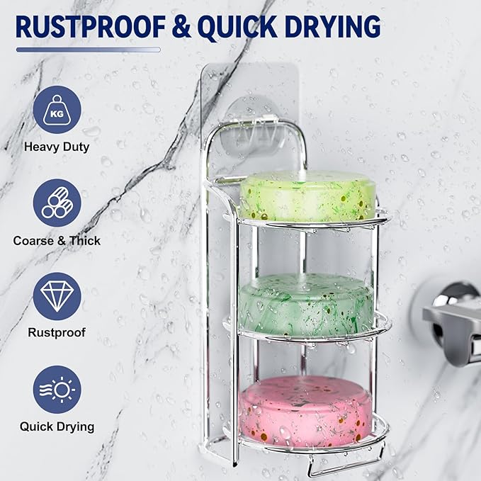 Silver 3-Tier Shower Soap Shampoo Bar Holder, Self Adhesive & Freestanding Draining Soap Dish Caddy for Bathroom Wall Accesories Decor-VivaGrace Women