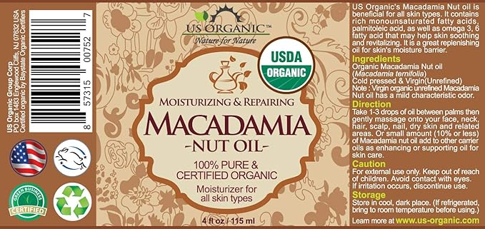 US Organic Macadamia Nut Oil Unrefined Virgin, Certified Organic, Pure & Natural, Cold Pressed, Sourced in Kenya, in Amber Glass Bottle w/Glass Eye dropper for Easy Application (4 oz (Large))-VivaGrace Women
