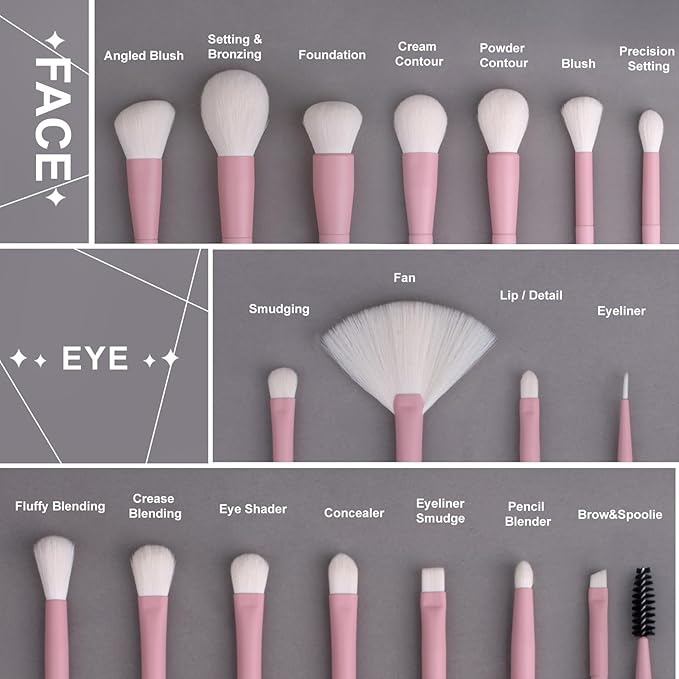 LORYP Makeup Brushes Set Labeled 18 Piece Face and Eye Brush Set Ultra soft hair Foundation, Concealer, Blush, Contour, Blending, Eyeshadow Pink Brush kit-VivaGrace Women