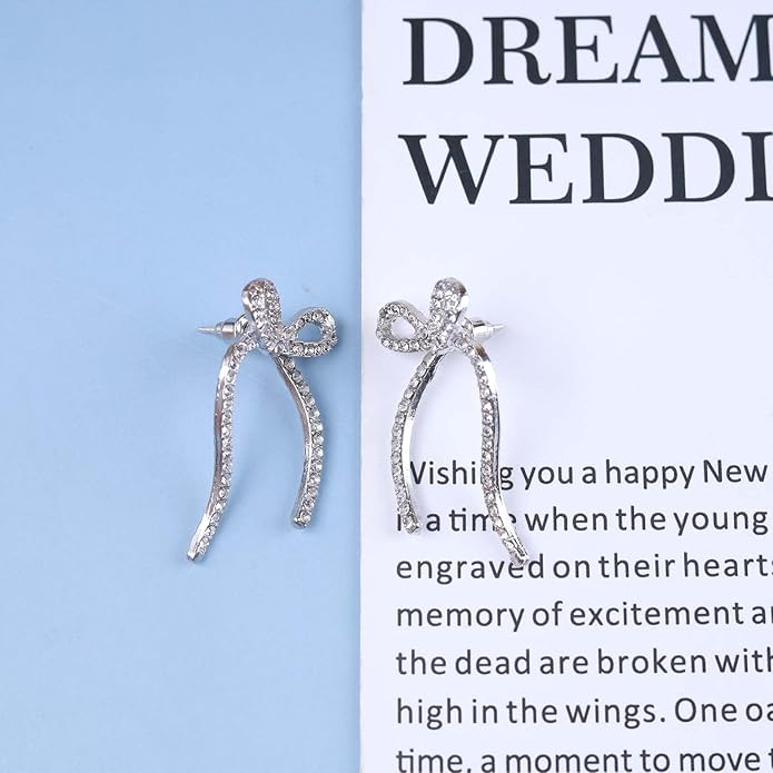 Vintage Crystal Bow Earrings Rhinestone Bow Drop Earrings Long Cz Rhinestone Earrings Gold Bow Cz Stud Earrings Jewelry for Women-VivaGrace Women