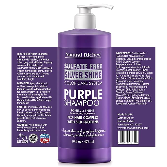 Natural Riches Radiant Silver Shine Purple Shampoo and Conditioner Set for Gray Hair - Paraben-Free and Color Safe – With Silk Proteins, Tones Dull Hair, Softens & Adds Shine - 16 fl oz-VivaGrace Women