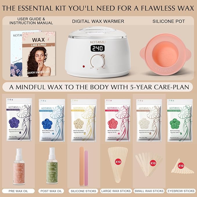 KOTAMU Waxing Kit for Women & Men, White Wax Kit for Hair Removal, Digital Waxing Pot for Thick Coarse Fine Fuzzy Hair & Sensitive Skin, Wax Warmer for Home Salon Use-VivaGrace Women