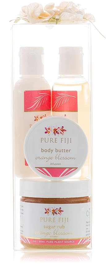 Pure Fiji Spa Gifts for Women and Man - Body Gift Box Include: Sugar Scrub, Bath and Body Oil, Body Butter and Body Lotion, Scent Orange Blossom-VivaGrace Women
