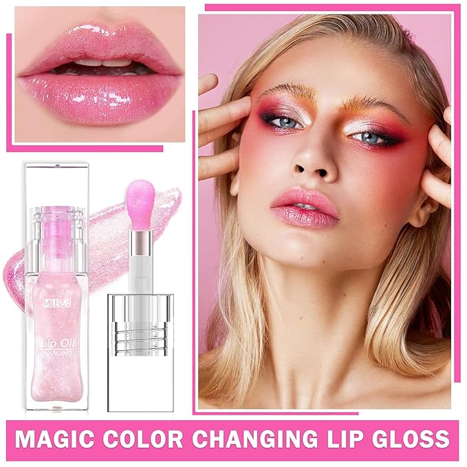 2PCS/Set MILEMEI Color Changing Lip Oil Magic Moisturizing, Big Brush Plumping Lip Oil, Plumping Glimmer Glow-VivaGrace Women