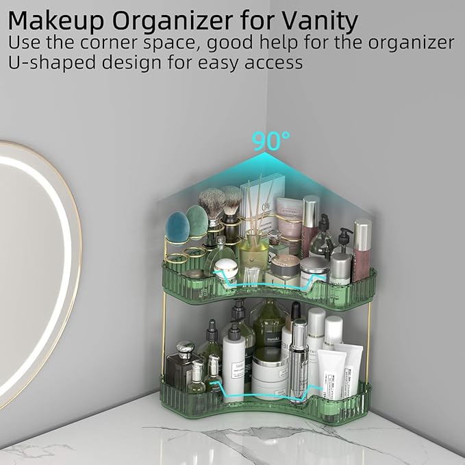 2 Tier Corner Bathroom Organizer Countertop, Vanity Makeup Organizer with Brush Holder, Space-Saving Skincare Storage Corner Shelf for Bathroom, Dressing Table, Kitchen-VivaGrace Women