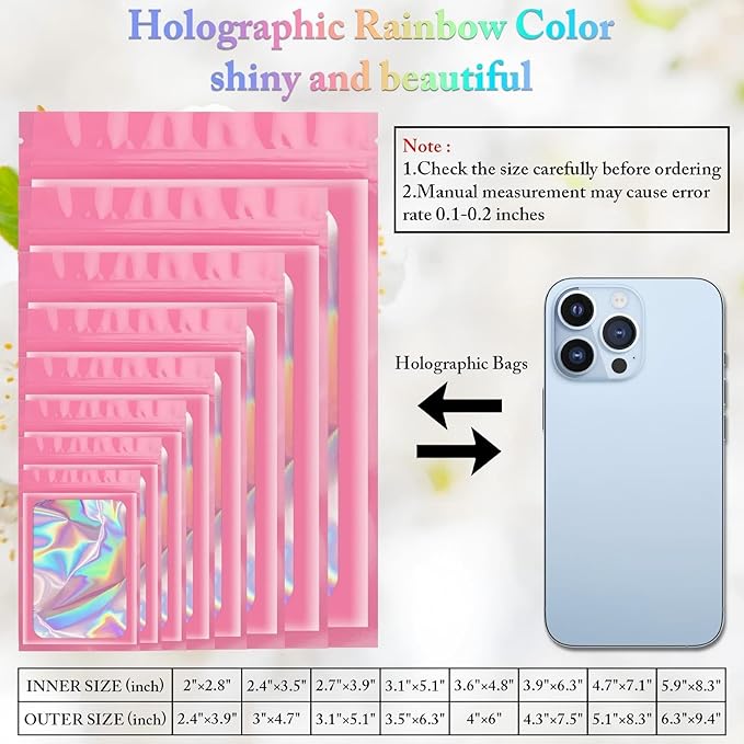 ANZNKU 100 Pcs Smell Proof Mylar Resealable Bags, Holographic Packaging Bags, Resealable Odor Foil Pouch Zip Bag with Clear Window for Food Storage and Lipgloss, Jewelry Lash(Pink, 4.7 x 7.9 Inch)-VivaGrace Women