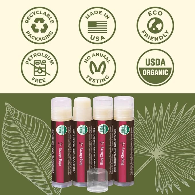 USDA Organic Lip Balm 4-Pack by Earth's Daughter - Cherry Flavor, Beeswax, Coconut Oil, Vitamin E - Best Lip Repair Chapstick for Dry Cracked Lips.-VivaGrace Women