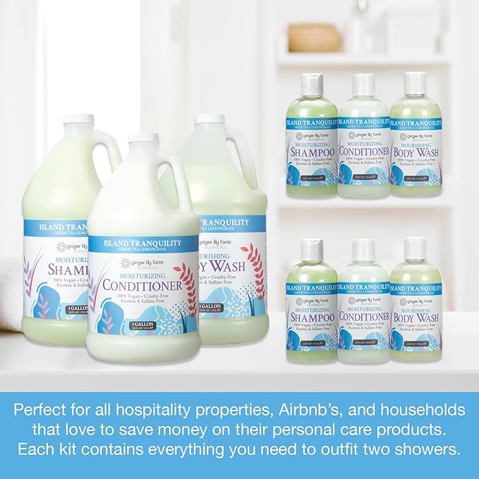 Ginger Lily Farms Botanicals Hospitality Kit, Island Tranquility, 9-Pc Set Includes Shampoo, Conditioner & Body Wash, 100% Vegan & Cruelty-Free, Green Tea Lemongrass Scent-VivaGrace Women
